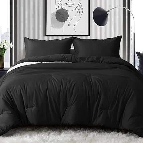 MUXHOMO 3 Pieces Queen Comforter Set, Black Comforter for Queen Size Bed, Soft Warm Bedding Set for All Seasons, 1 Comforter (88"x88") and 2 Pillow Shams (20"x30")