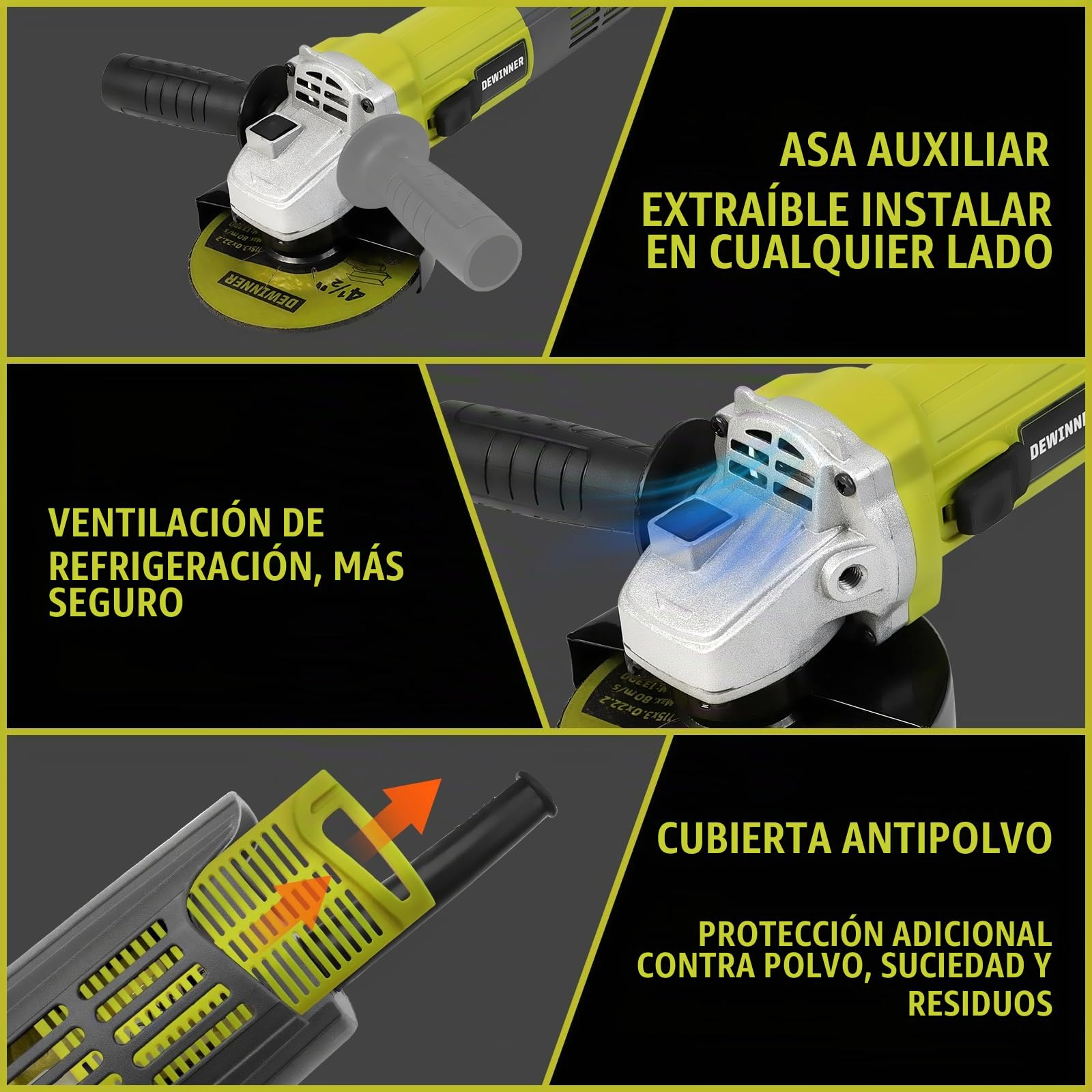 DEWINNER Amoladora angular 850 W, 220-240 V, 6 discos de amoladora angular de corte, 115 mm, cubierta de protección, con mango adicional herramienta de pulido de corte