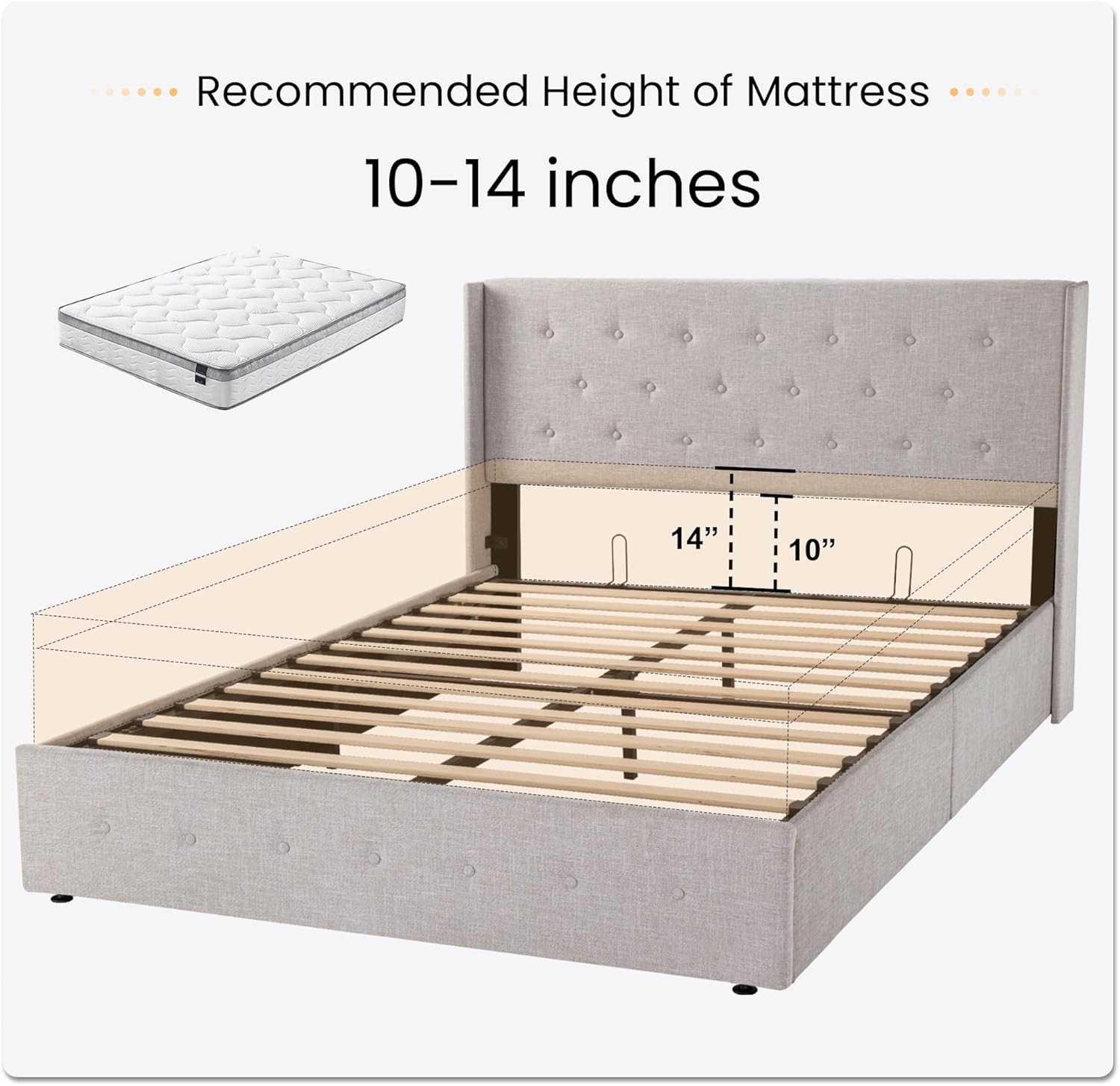 SHA CERLIN Queen Size Lift Up Storage Bed Frame,Button Tufted Wingback Headboard,Upholstered Platform,Hydraulic Storage,Wooden Slat Support,No Box Spring,Light Beige