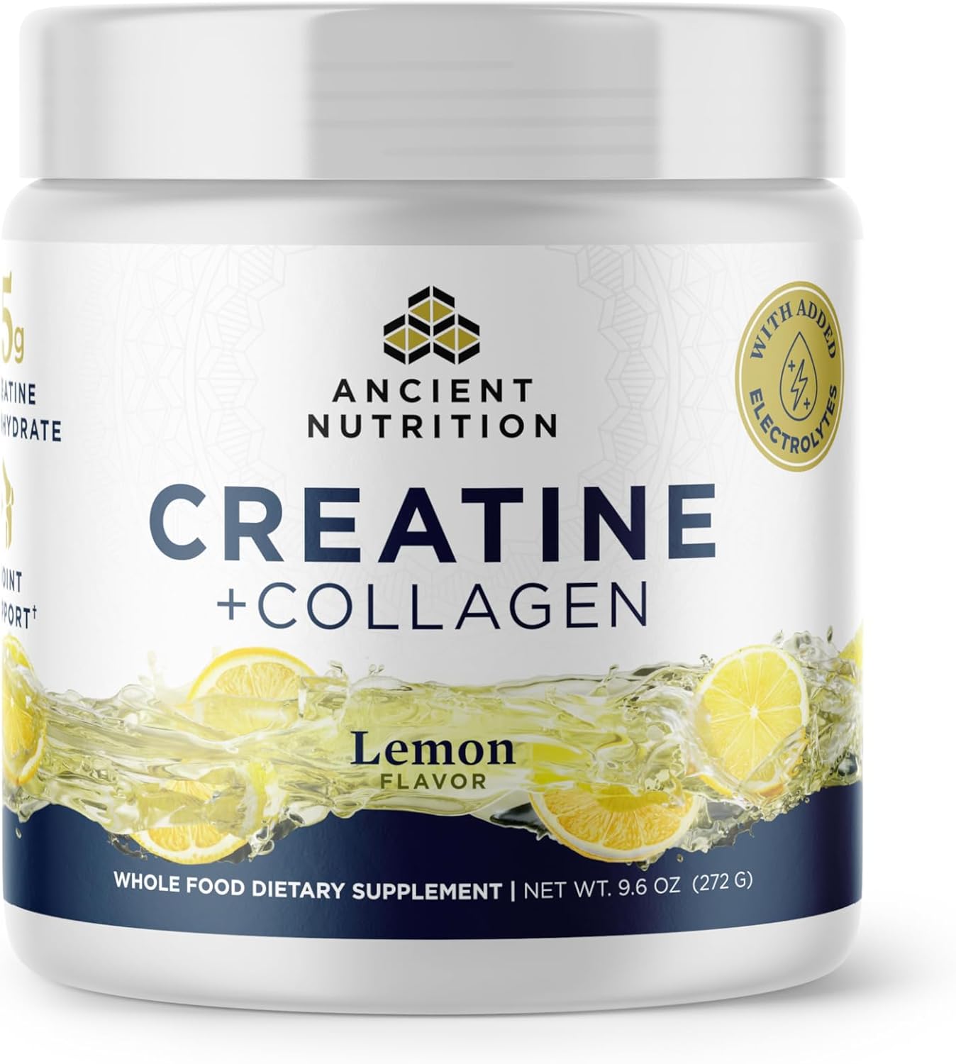 Ancient Nutrition Creatine + Collagen – Muscle Strength, Lean Body Mass, Joint Comfort & Cognitive Support – Includes 5g Creatine Monohydrate for Women + Electrolytes, Lemon, 30 Servings