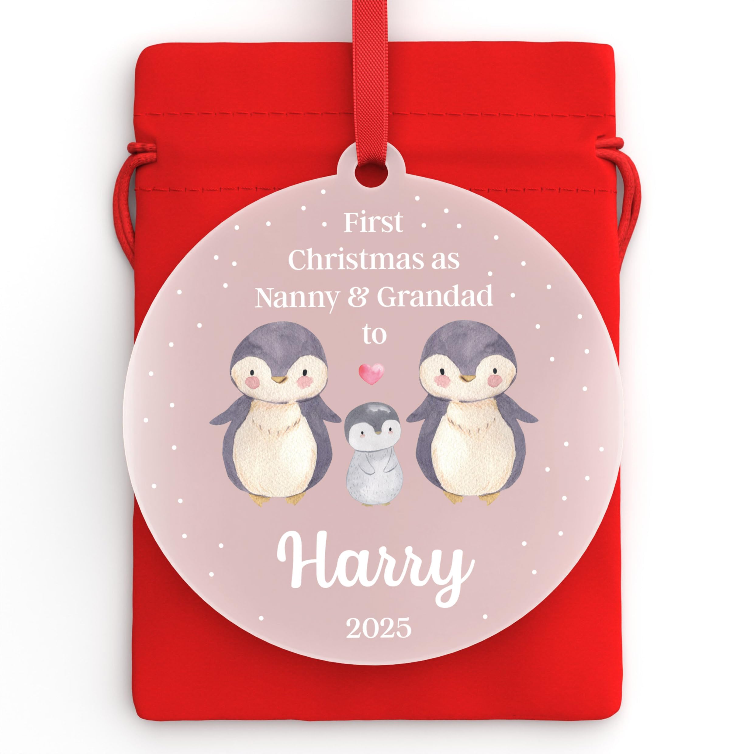 Beecreative First Christmas As Nanny & Grandad Tree Decoration, Grandparents First Christmas Bauble, 1st Xmas Nanna Nana Grandpa, New Grandchild, With Red Bag