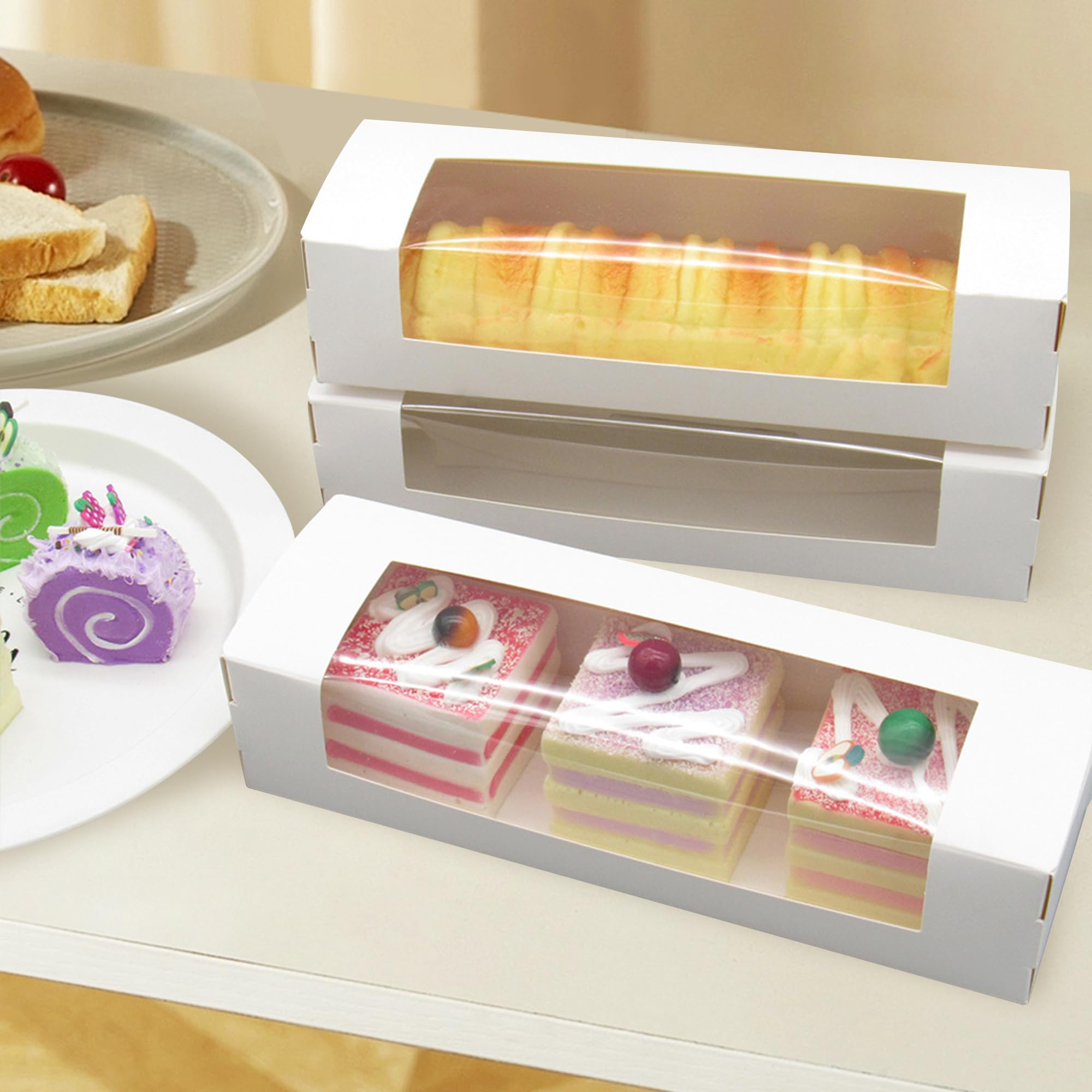 Lot de 20 boîtes à macarons pour 7 macarons avec autocollants, 21,8 x 7,1 x 5,1 cm, petites boîtes à dessert avec fenêtre, emballages de pâtisseries pour cupcakes, muffins, beignets