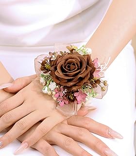 Bethynas Bridal Prom Rose Wrist Corsage Artificial Flower Pearl Wristlet Bridesmaid Hand Flower Bracelet Wristband for Wedding Ceremony Party (Pearl Flower - Brown)