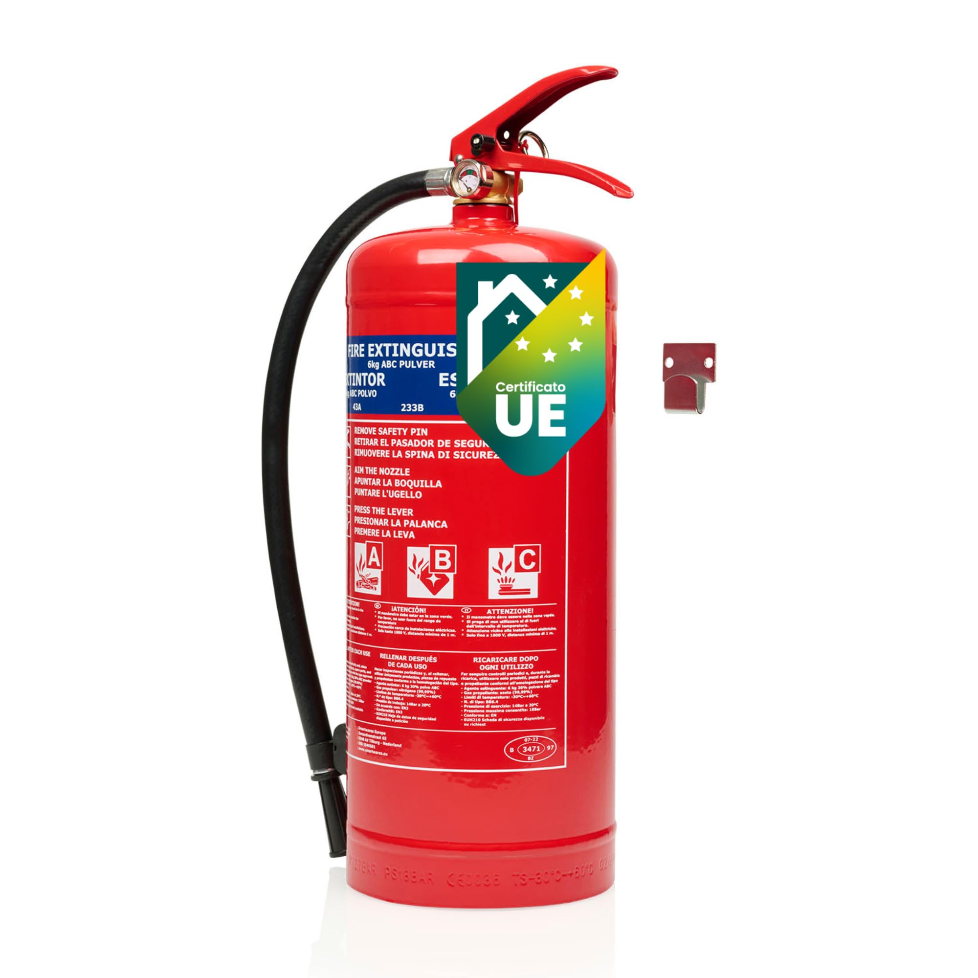 Smartwares Estintore a polvere - 6 kg - per incendi ABC - Adatto per veicoli e abitazioni - Con staffa di montaggio