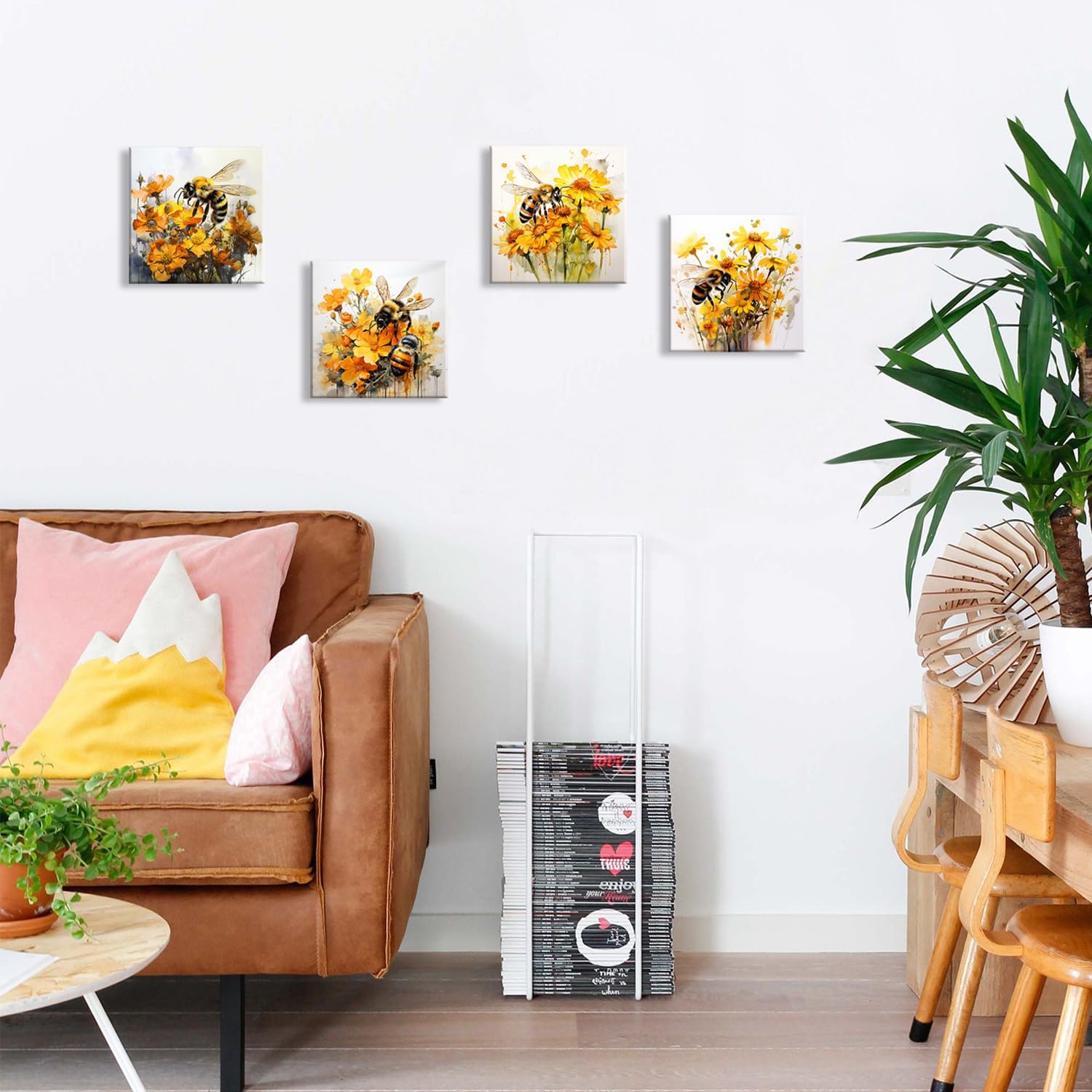 Daisy Wall Art Bee Bathroom Decor Yellow Wildflower Kitchen Wall Decor Watercolor Flowers Canvas Pictures Nature Bee Poppy Floral Posters Still Life Artwork for Dining Room Home Decoration 14x14" 4Pcs