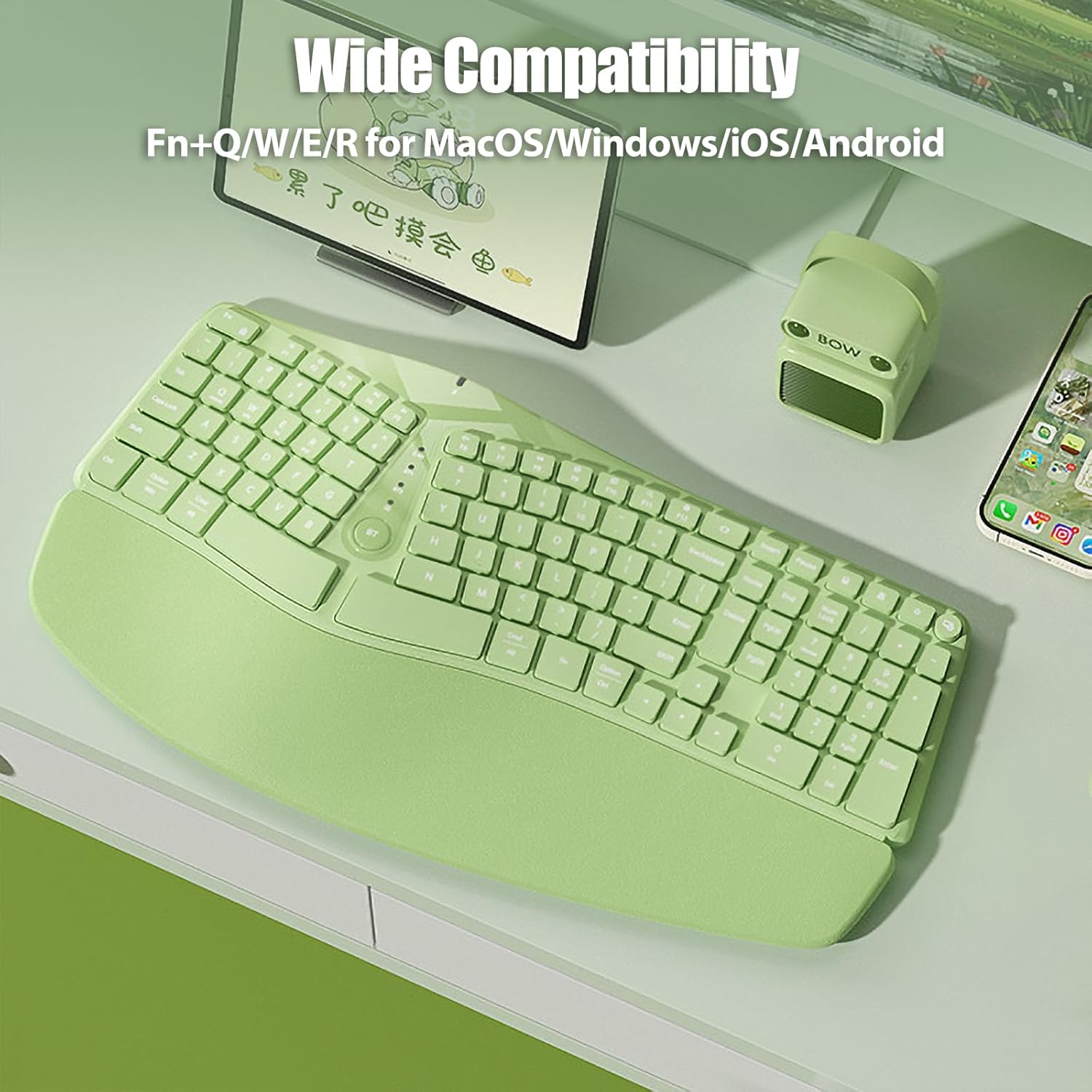 Bow Split Ergonomic Keyboard Wireless with Cushioned Wrist & Palm Rest, Wireless 2.4G/Bluetooth/Wired USB-C, Comfortable Natural Typing, Compatible with Windows/Mac/PC/Laptop, Matcha Green