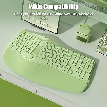 Split Ergonomic Keyboard Wireless with Cushioned Wrist & Palm Rest | Wireless 2.4G/Bluetooth/Wired USB-C, Comfortable Natural Typing, Compatible with Windows/Mac/PC/Laptop, Matcha Green