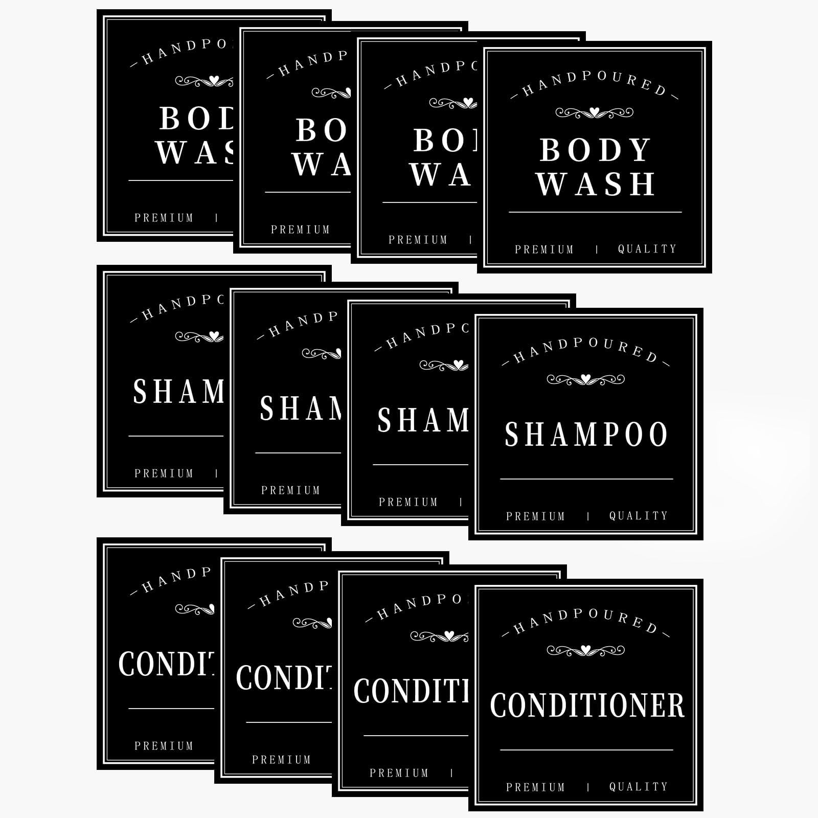 HVSWLY 12PCS Bathroom Labels for Soap Dispenser, Removable Bathroom Organization Labels, Waterproof Bottle Labels for Shampoo Conditioner Body Wash (Black)