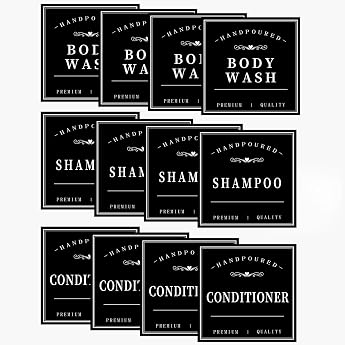 Pack of 12 Waterproof Labels for Bottles Hand Soap Shampoo Conditioner Soap Dispenser Labels Stickers Removable Cleaning Labels for Glass or Plastic Bottles Black