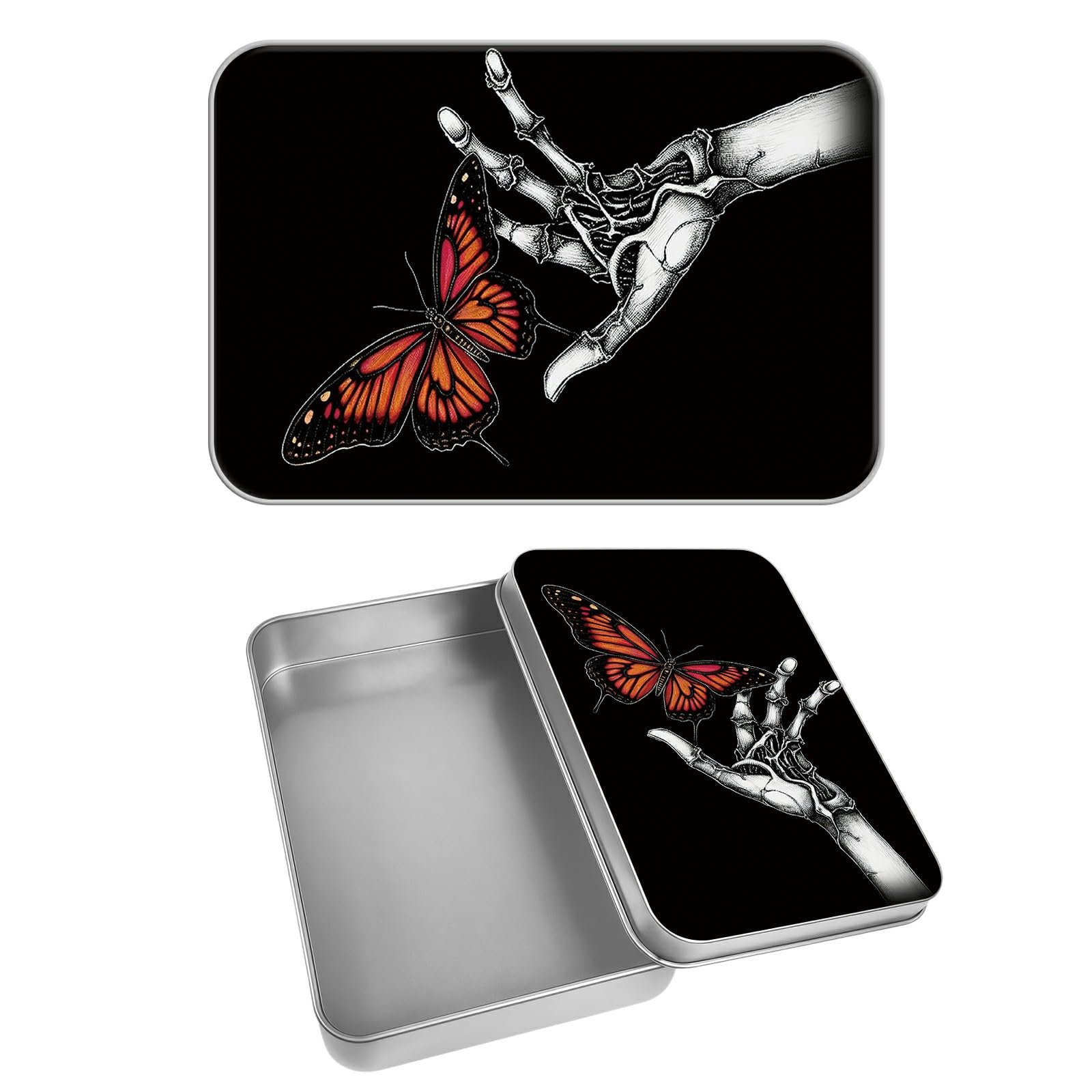 Rectangular Metal Tin Box with Removable Lid, Skull Butterfly Decorative Printed Metal Storage Container for Cards, Diaries, Home Organization 4.53 x 3.35 x 0.86 inch– Single Pack