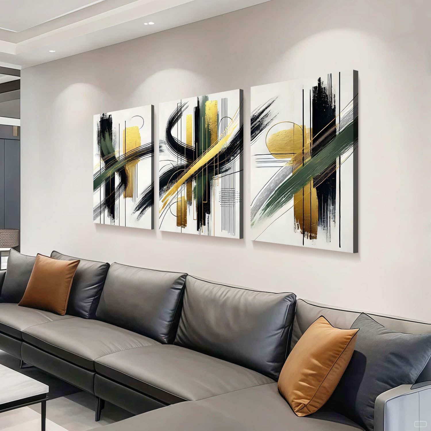 3 Pcs Framed Abstract Wall Art Modern Gallery Prints Black Green Gold Lines Canvas Painting Minimalist Poster Picture Living Room Bedroom Office Wall Decor 12x16 Inch Ready To Hang