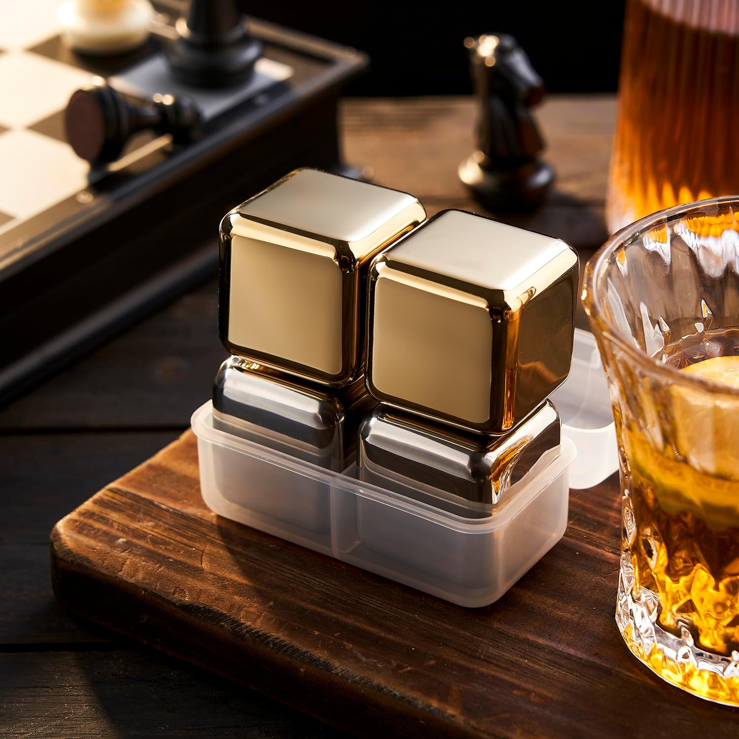 4 Large Whiskey Stones 64 cm³ (4 cu in) - Man Gift Set - Reusable Stainless Steel Metal Ice Sphere Cubes Beverage Chilling Rocks Whiskey Stones for Red Wine, Bar Beer, Scotch, Vodka Drinks - Gold