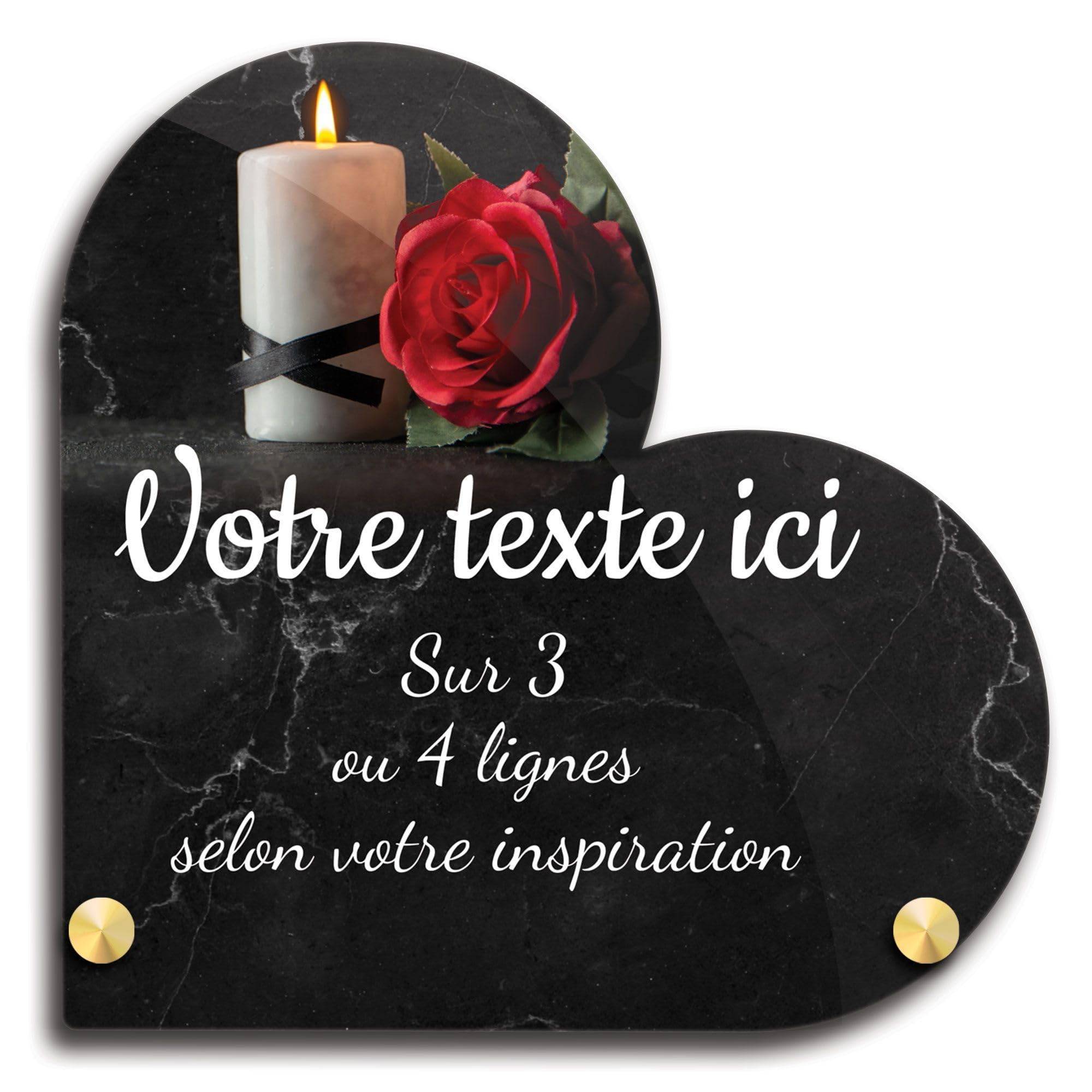 Placa funeraria corazón personalizable en plexi, diseño de vela y rosa roja, diferentes tamaños, grosor 6 mm, personalizado en varias líneas, 15 x 15 cm