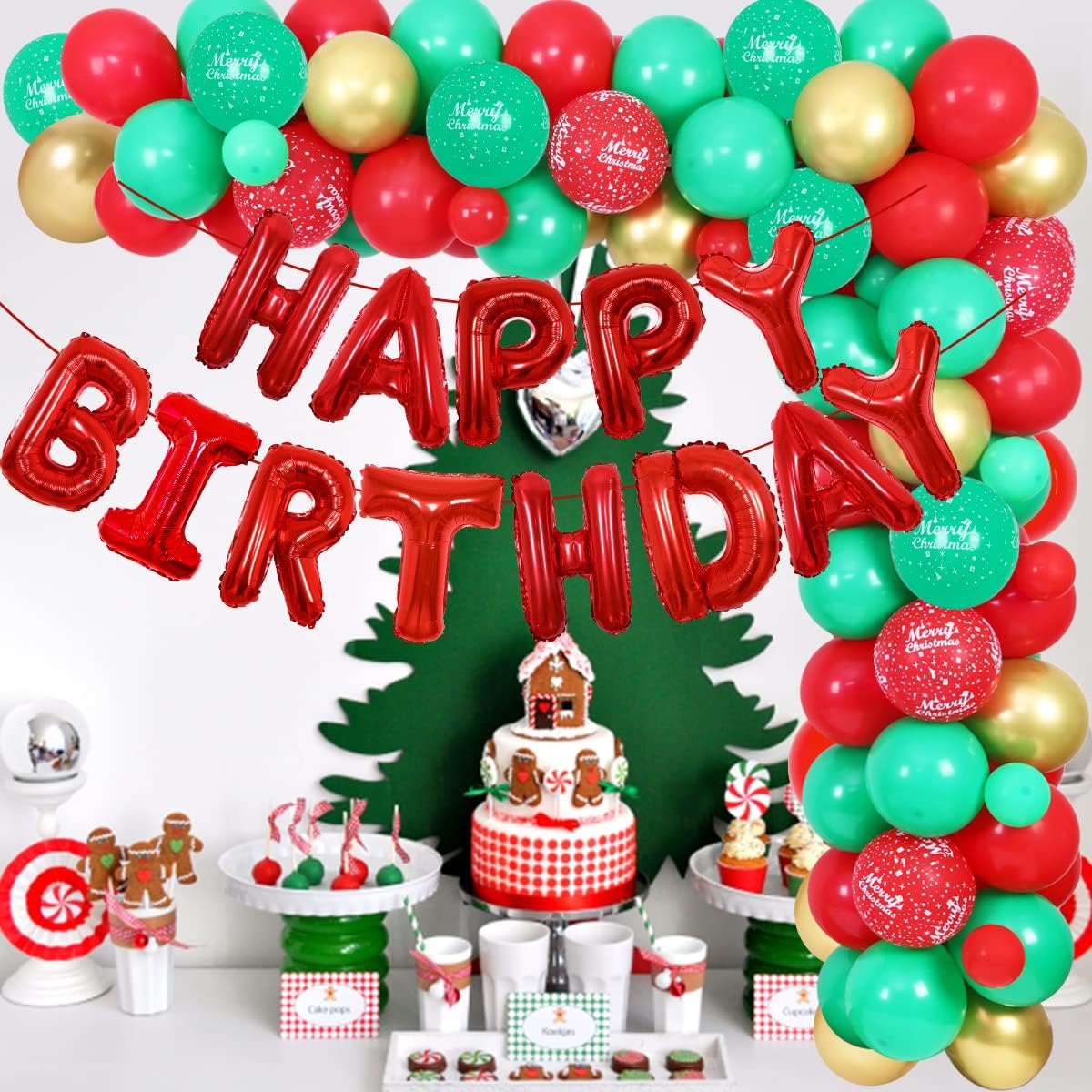 Happy Birthday Jesus Balloon Garland Arch Decorations - 75 Green Red Gold Balloons HAPPY BIRTHDAY JESUS Banner for You Christmas Winter Birthday Party Decorations