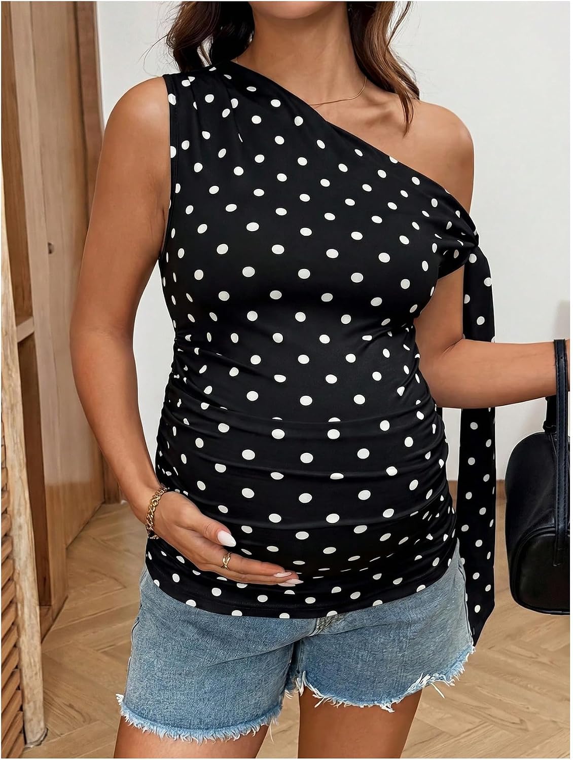 MakeMeChic Women's Maternity Clothes Polka Dots Off Shoulder Tops