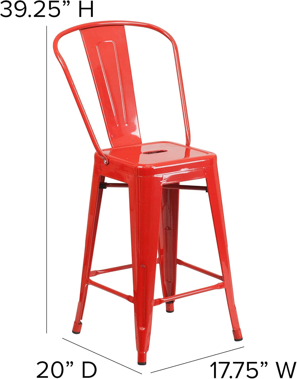 EMMA + OLIVER Kam 24" High Counter Stool - Red Metal Frame - Red Polyresin Seat - Removable Backrest - for Indoor/Outdoor Use