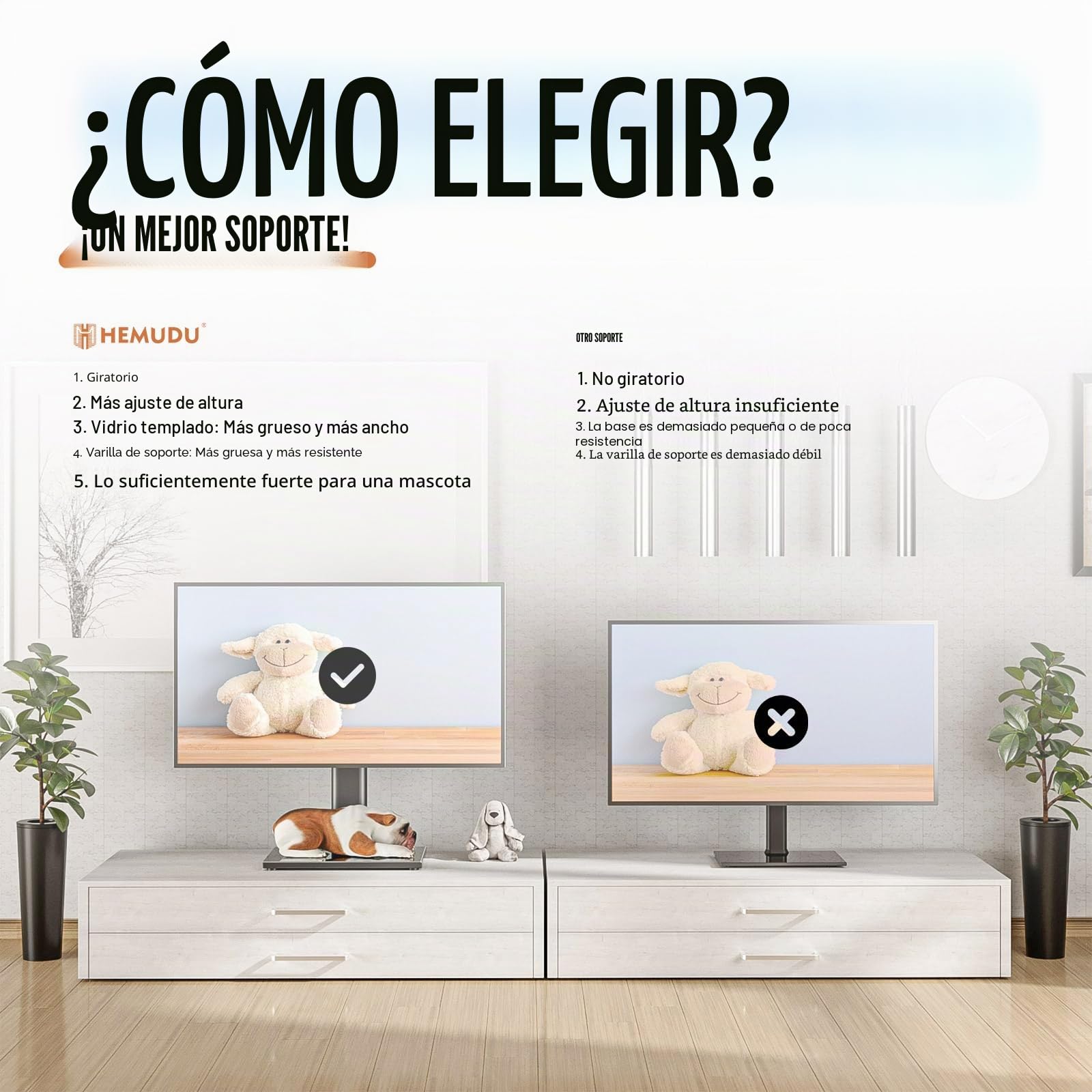 Hemudu Soporte TV Pie Universal, Soporte TV Mesa para Televisores LCD LED de 27 a 60 Pulgadas, Base Mesa TV de Altura Ajustable de 9 Niveles, Soporte Giratorio TV 70º, MAX Vesa 400x400mm, MAX 40kg