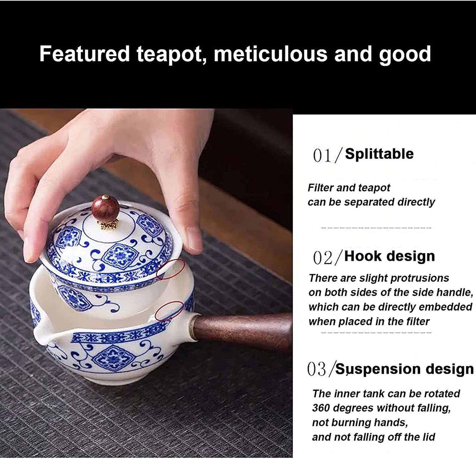 Chinesische Teekanne, Keramik-Einzeltopf 360°-Teekanne, Haushaltsfilter-Teekocher, blaues und weißes Porzellan, Kung-Fu-Tee-Set, kreatives tragbares Reise-Beilage-Topf 2022 Geschenk,T