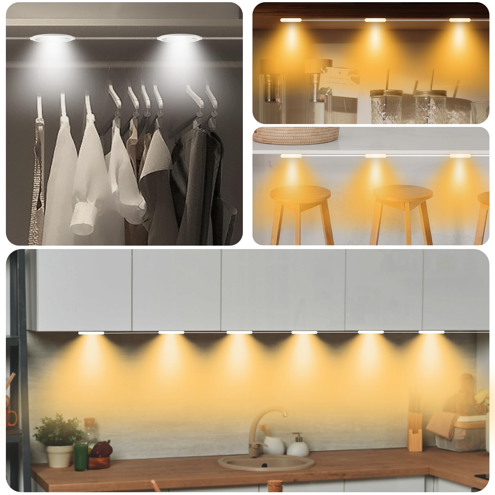 LED Under Cabinet Light Motion Sensor, 6-Pucks 3-Color Auto-Off Under Counter Light Warm White Natural Night LED Lights for Kitchen Bedroom, Home Office,Storage Room,Living Room with 5V Adapter
