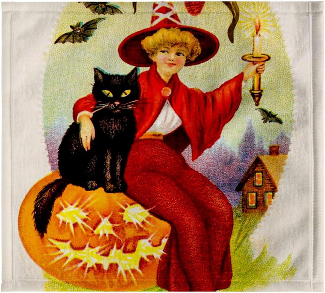 3dRose Vintage Halloween Little Witch and Her Black Cat and Pumpkin 22x30 Bath Hand Pool Towel
