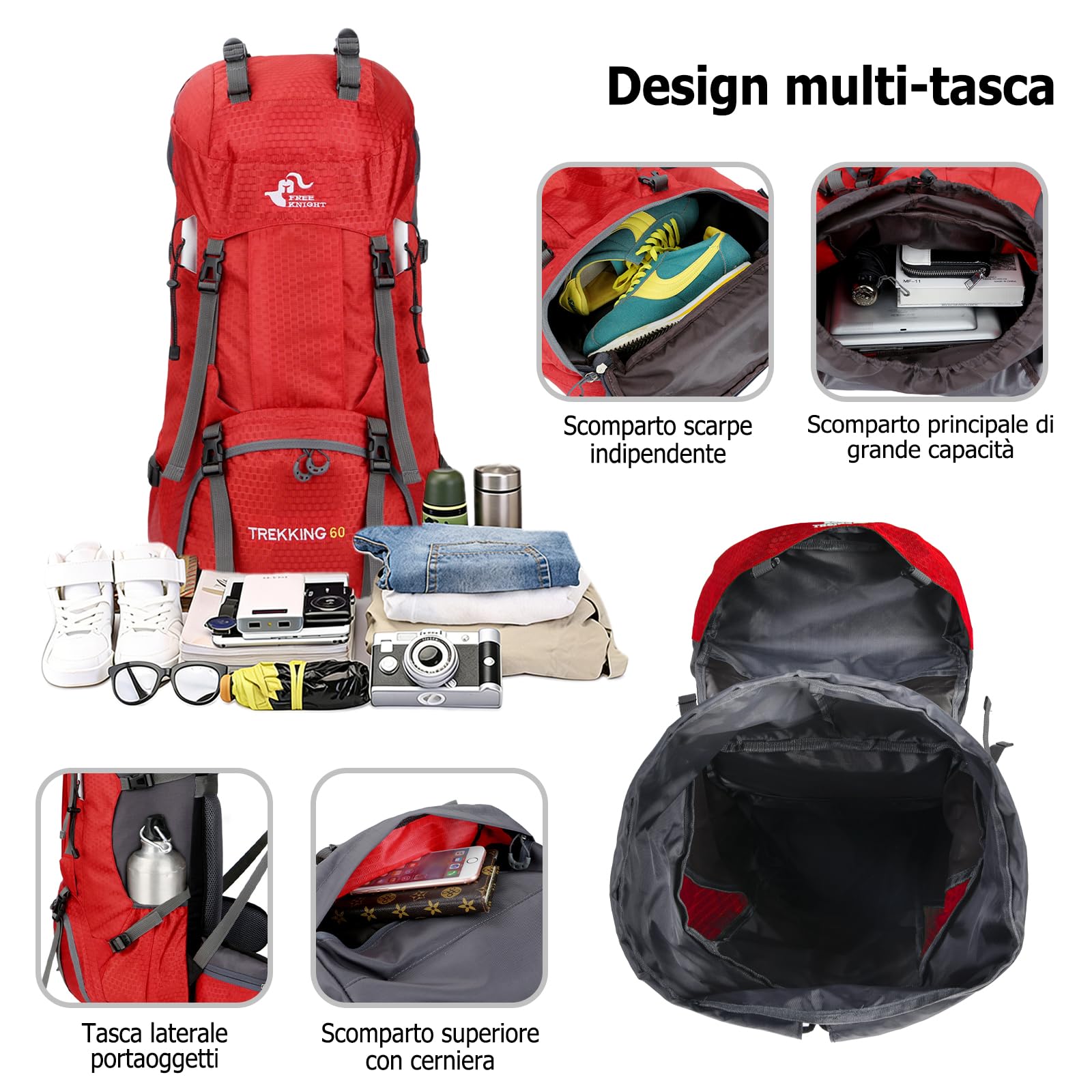 60L Zaino da Trekking Zaino Grande Impermeabile Zaini con Copertura per la Pioggia Donna Uomo Backpack per Escursionismo Campeggio Arrampicata Viaggio Turchese