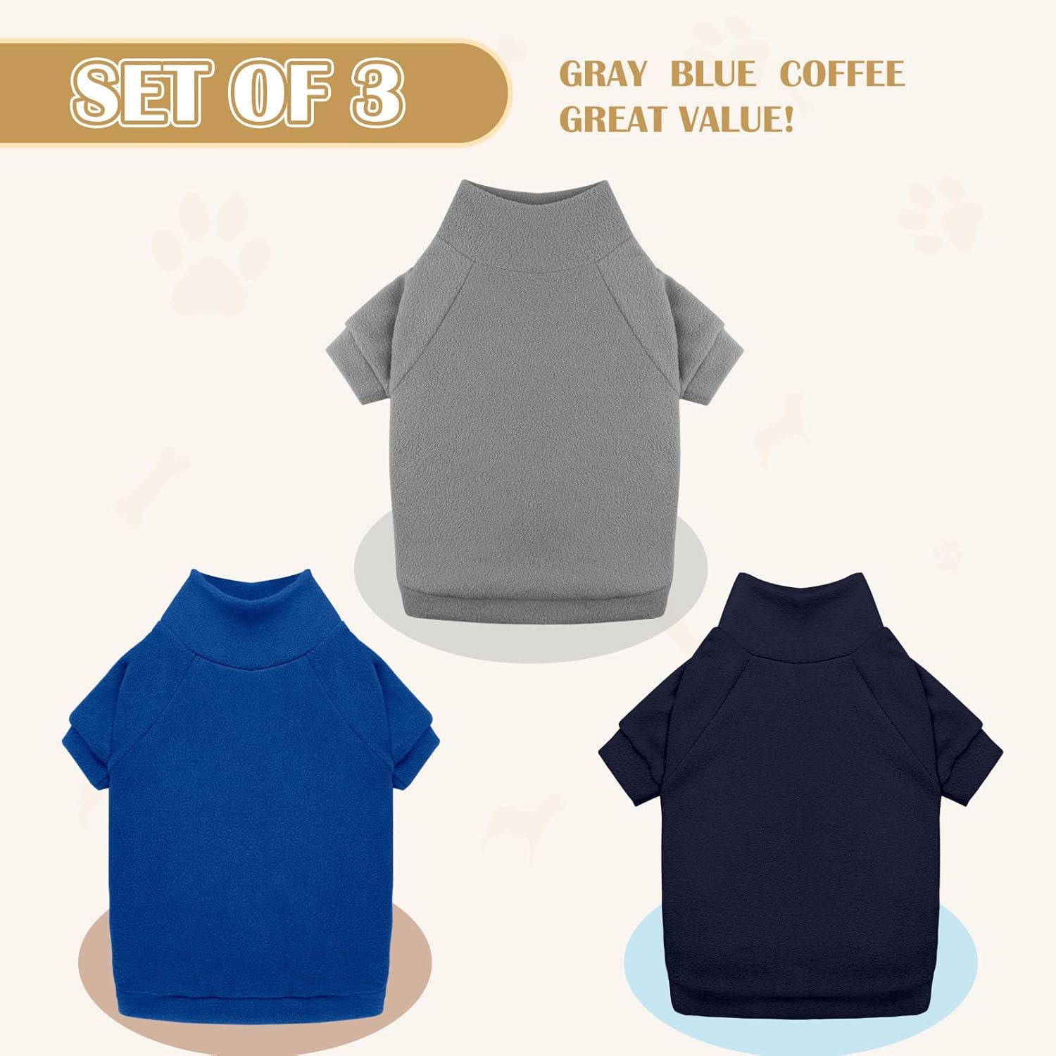 3 Pack Dog Sweaters for Large Dogs, Fleece Dog Sweater Large Pet Clothes Turtleneck Soft Warm Sweatshirt Boy Girl Pet(Gray Royal Blue Navy,L)