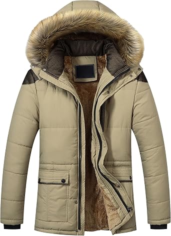 JEsilunmaMY Long Winter Coats for Men Fur Hood Fleece-Lined Warm Parka Jacket Windproof Thermal Puffer Jacket for Snow Ski