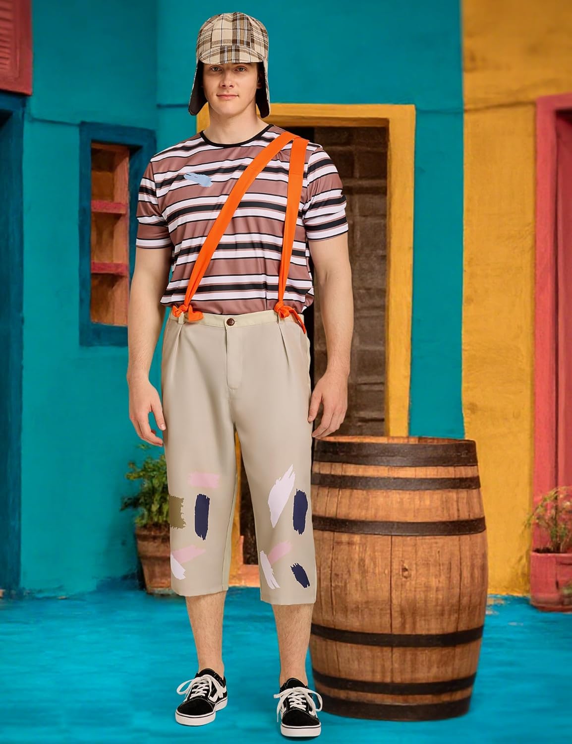 Halloween Costume Adult Men Chavo Striped Shirt Suspenders Pants Hat Mexican TV 4Pcs Cosplay Party Plus Size Suit - Image 6