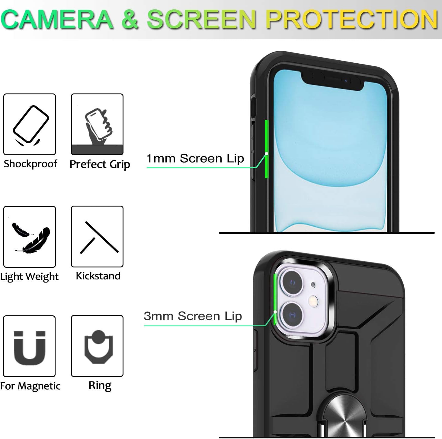 iPhone 11 Case with HD Screen Protector(6.1 Inch), Atump 360° Rotation Ring Holder Kickstand [Work with Magnetic Car Mount] PC+ TPU Phone Case for Apple iPhone 11(2020), Rose Gold