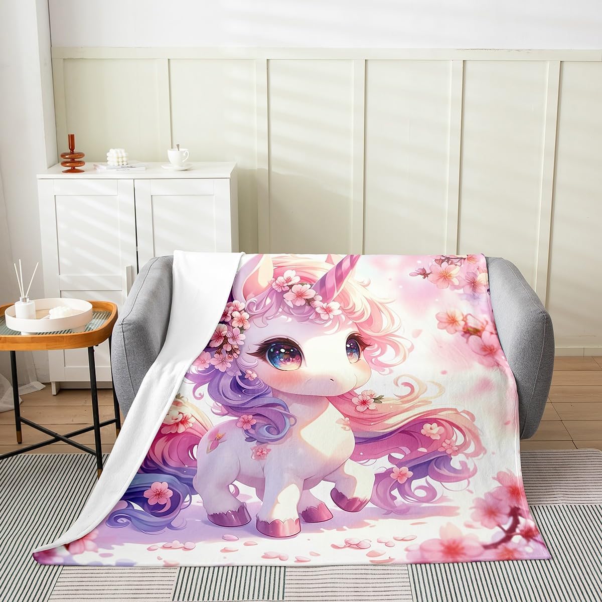 3D Print Unicorn Fleece Blanket,Dreamy Princess Unicorn Animal Bed Blanket for Kids Teens,Watercolor Pink Cherry Blossom Blue Sky Flannel Blanket for Room Decor,Queen 90"x90"
