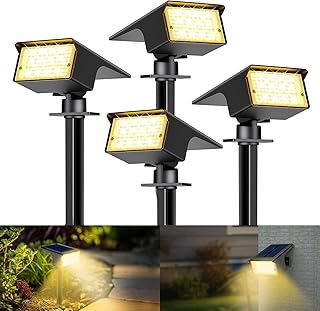 kolpop Luzes solares LED para exterior e jardim [4 peças/77 LED], 3000K luz solar exterior quente, impermeável IP65, 1800LM Focos solares para pátio, piscina, vasos, chão, calçada, terraço, relva