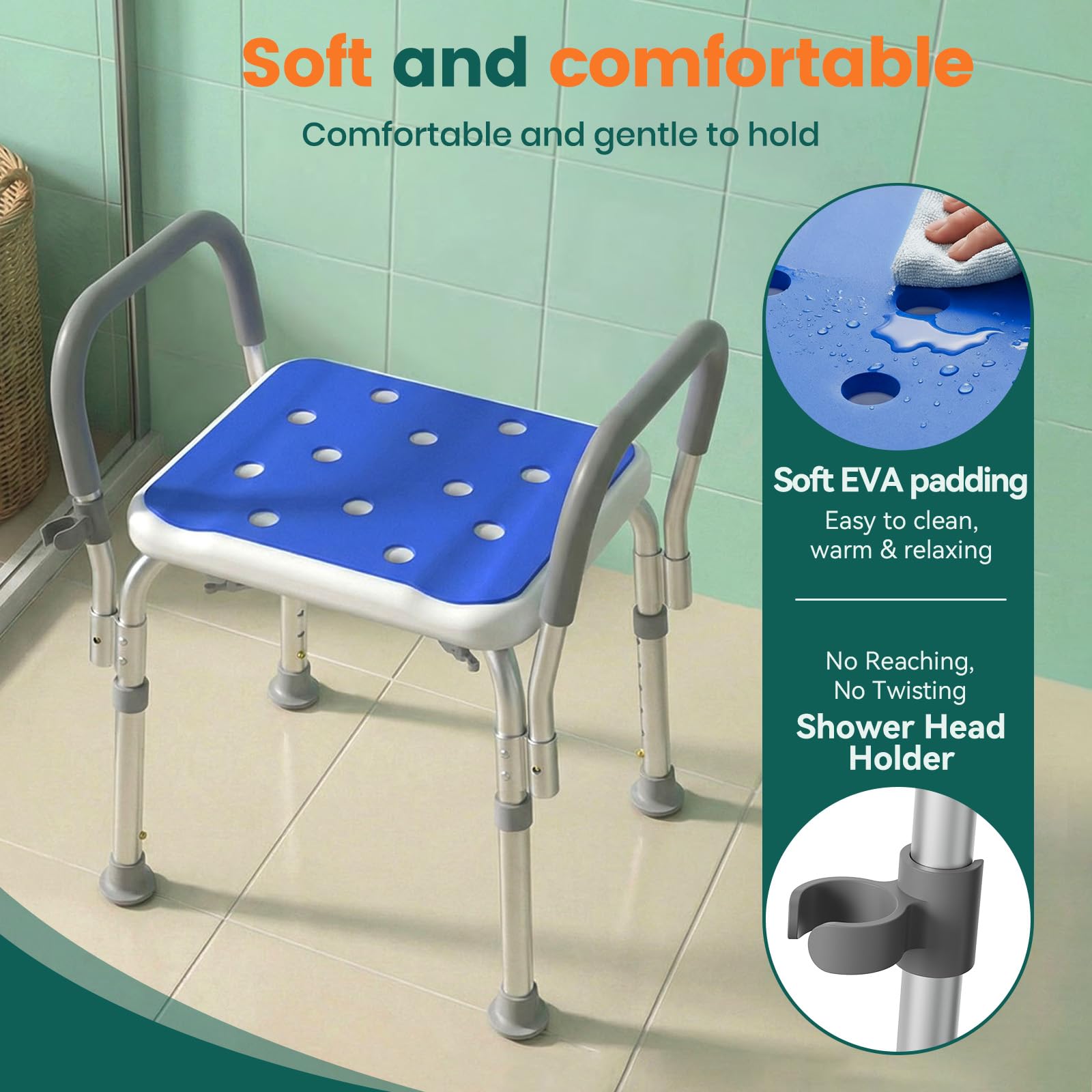 LC12 Sedia da Doccia con Schienale – Altezza Regolabile a 6 Livelli (55–68 cm), Seduta Antiscivolo con Schienale Imbottito, Sgabello Doccia per Anziani, Disabili e Donne in Gravidanza