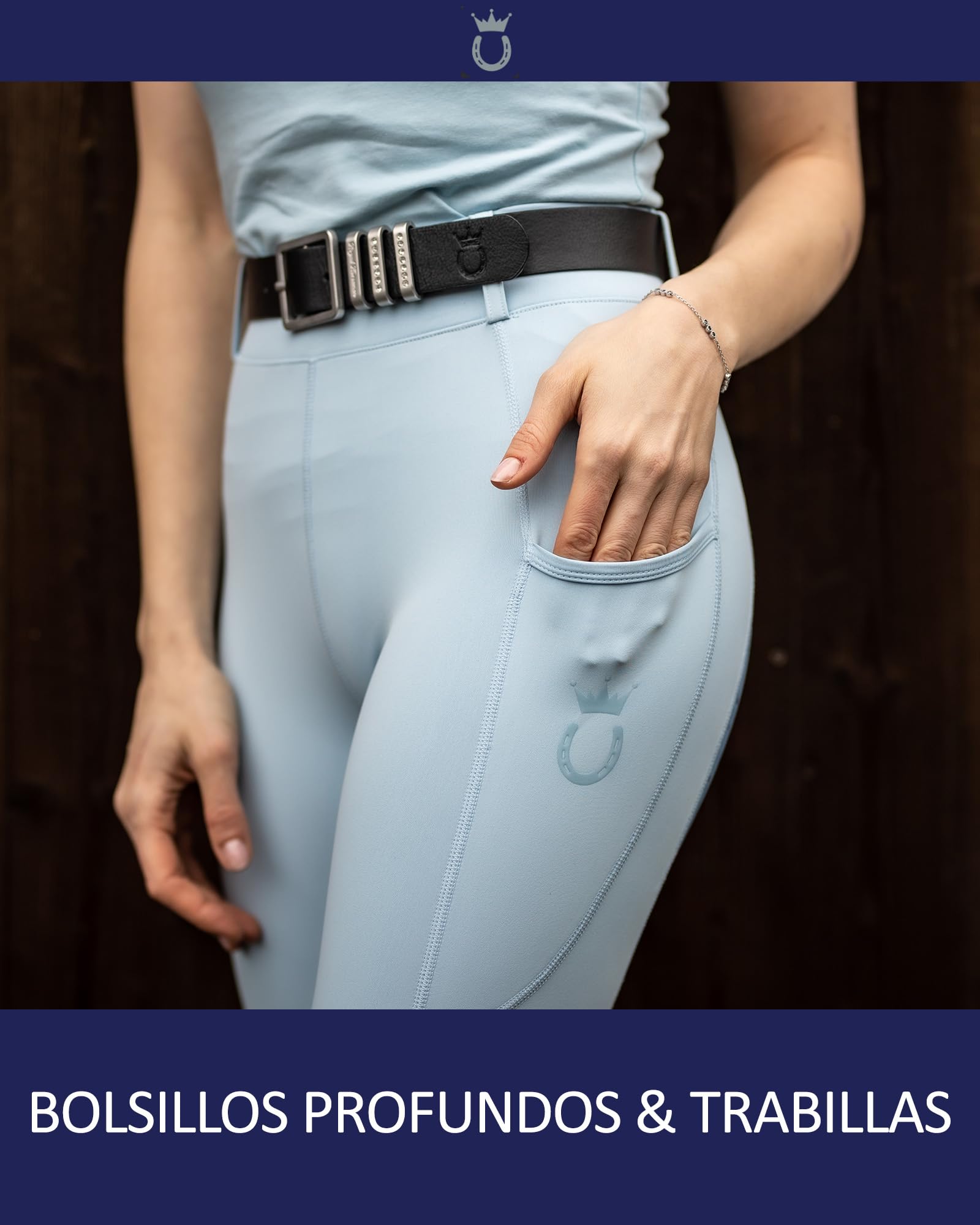 Royal Horsemen Pantalones de equitación para Mujer y niña - Cintura Alta - con Ribete Completo de Silicona - con Bolsillo para el móvil y Trabillas para el cinturón