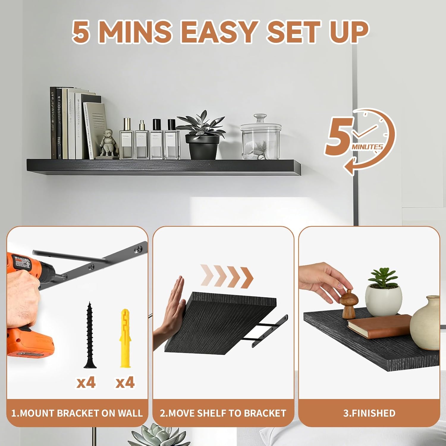 Easy Install Floating Shelves, 15.6 Inch Wall Mounted Wooden Shelf, Small Hanging Shelf for Home Decor, Books and Storage, Organizer for Bedroom, Bathroom, Kitchen, Set of 3, Dark Black