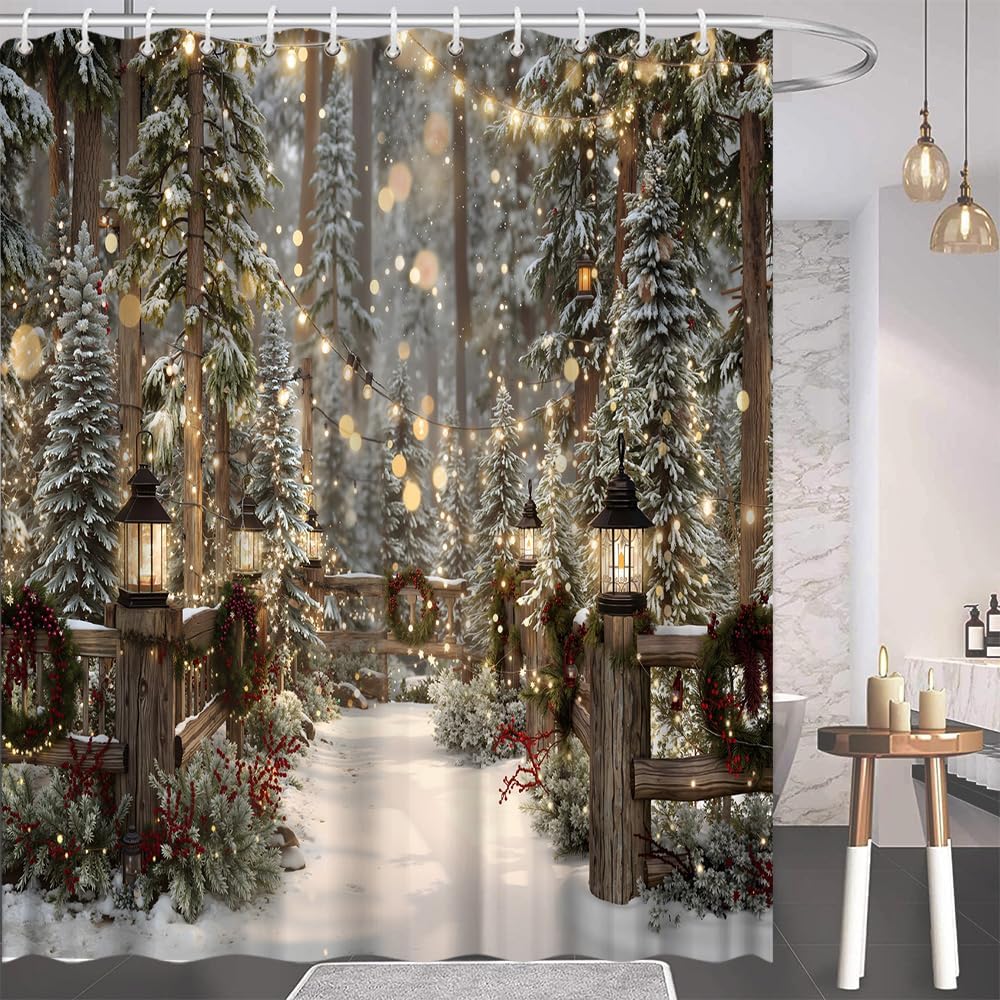 Winter Forest Snow Shower Curtain Christmas Snowy Pine Foggy Forest Snowflake Bath Decor Polyester Fabric Curtains 106X70 Inch