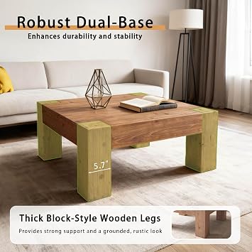 Rustic Wooden Coffee Table for Living Room, Big Square Coffee Table