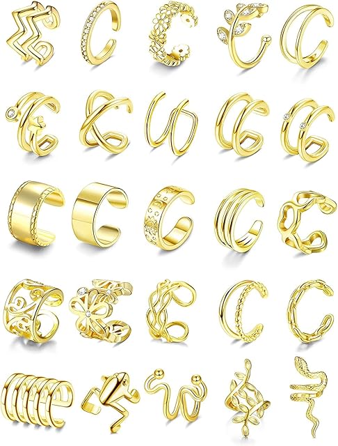 MILACOLATO 25PCS Ear Cuffs for Women Silver Gold Rosegold Ear Cuff Earrings Non Piercing Clip on Cartilage Helix Wrap Earrings Adjustable Ear Clip Non Pierced Cartilage Earring Fake Piercings