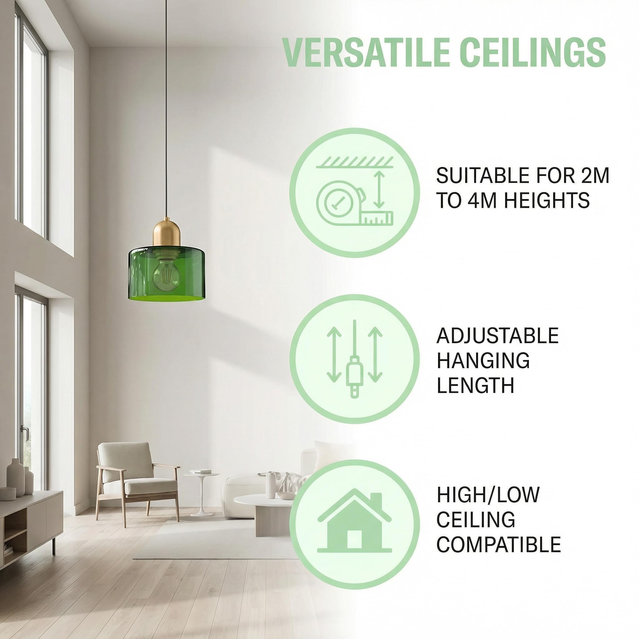 Mini Lampadario in Vetro, Lampada a Sospensione Moderna Retro E27 in Metallo Oro per Sala da Pranzo,Soggiorno,Cucina e Camera da Letto (Verde)