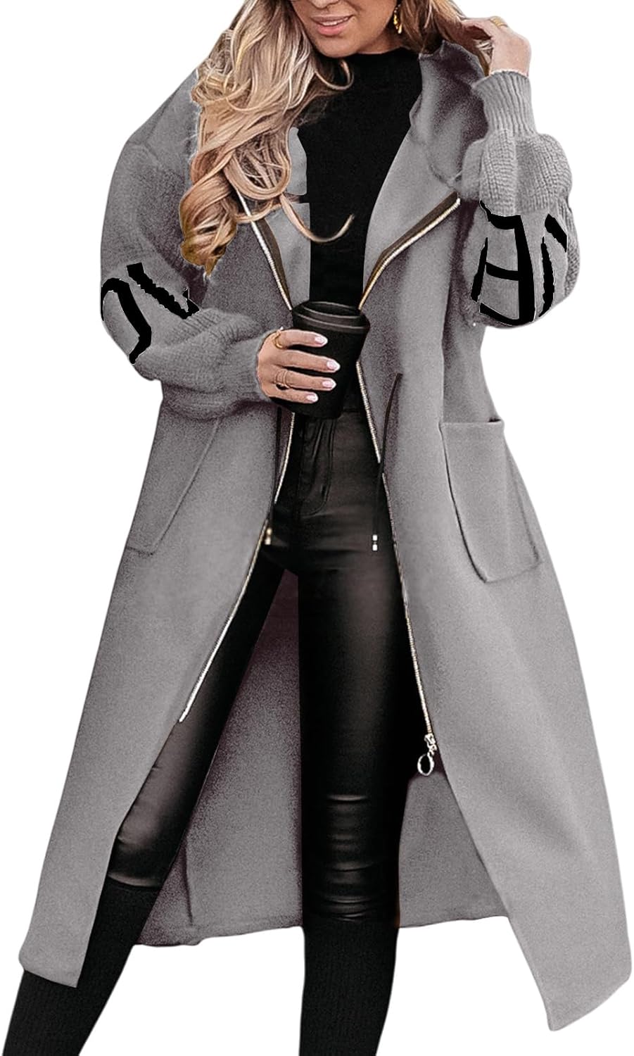 Canbebig Womens Hoodies Casual Knitted Sleeve Wool Trench Coat Zip Up Hooded Jackets Lightweight Loose Wool Blend Overcoat