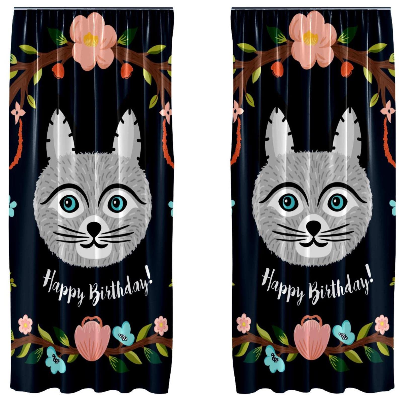 Cortinas de panel decorativas gatos florales feliz cumpleaños ligeras juego de 2 paneles 55x84