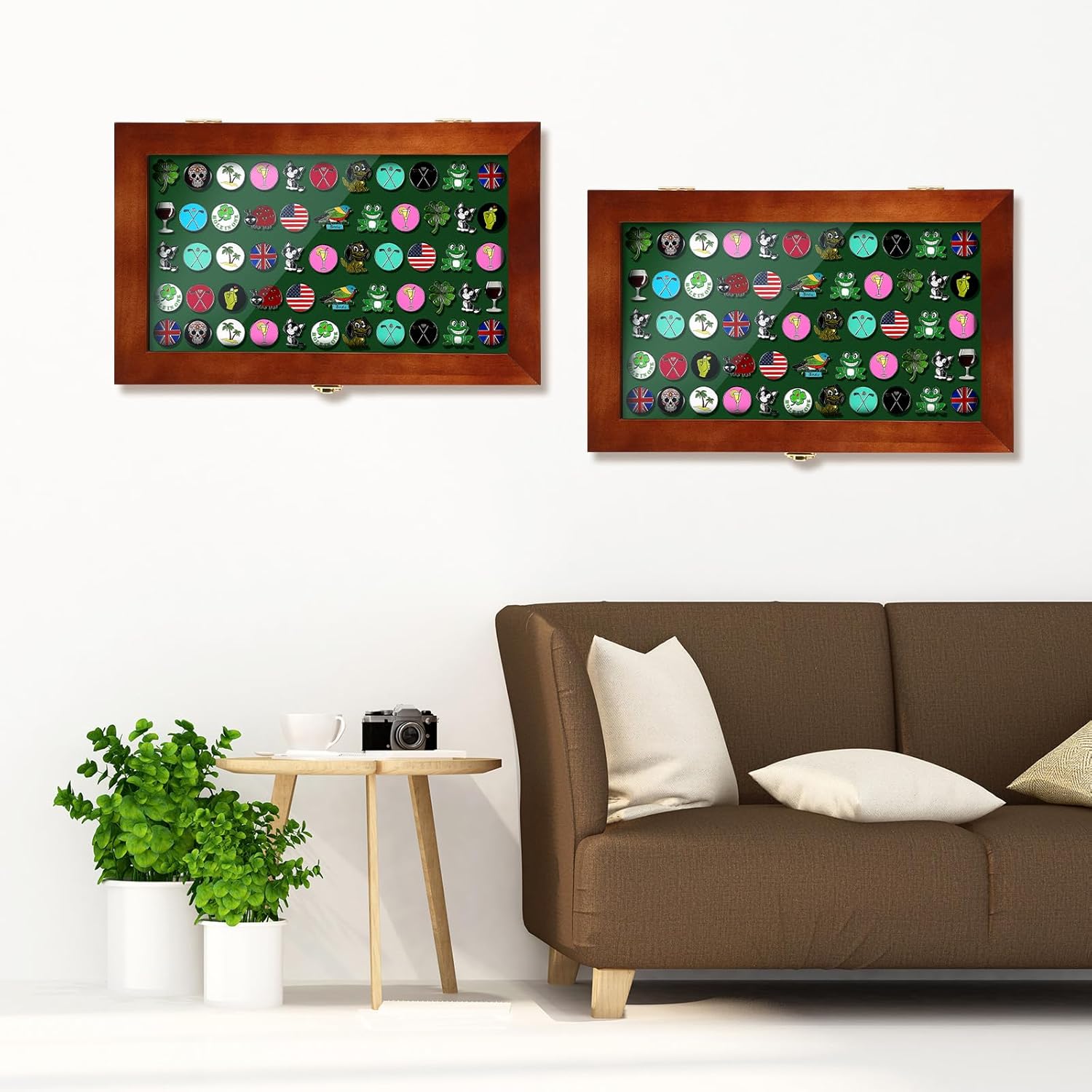 40 Golf Ball Marker Display Case Full Magnetic Backing 15.5" W x 9.5" H Wall Mount Wooden W/98% UV Acrylic Door Lockable Storage Display Box for Ball Marker Collection (Brown)