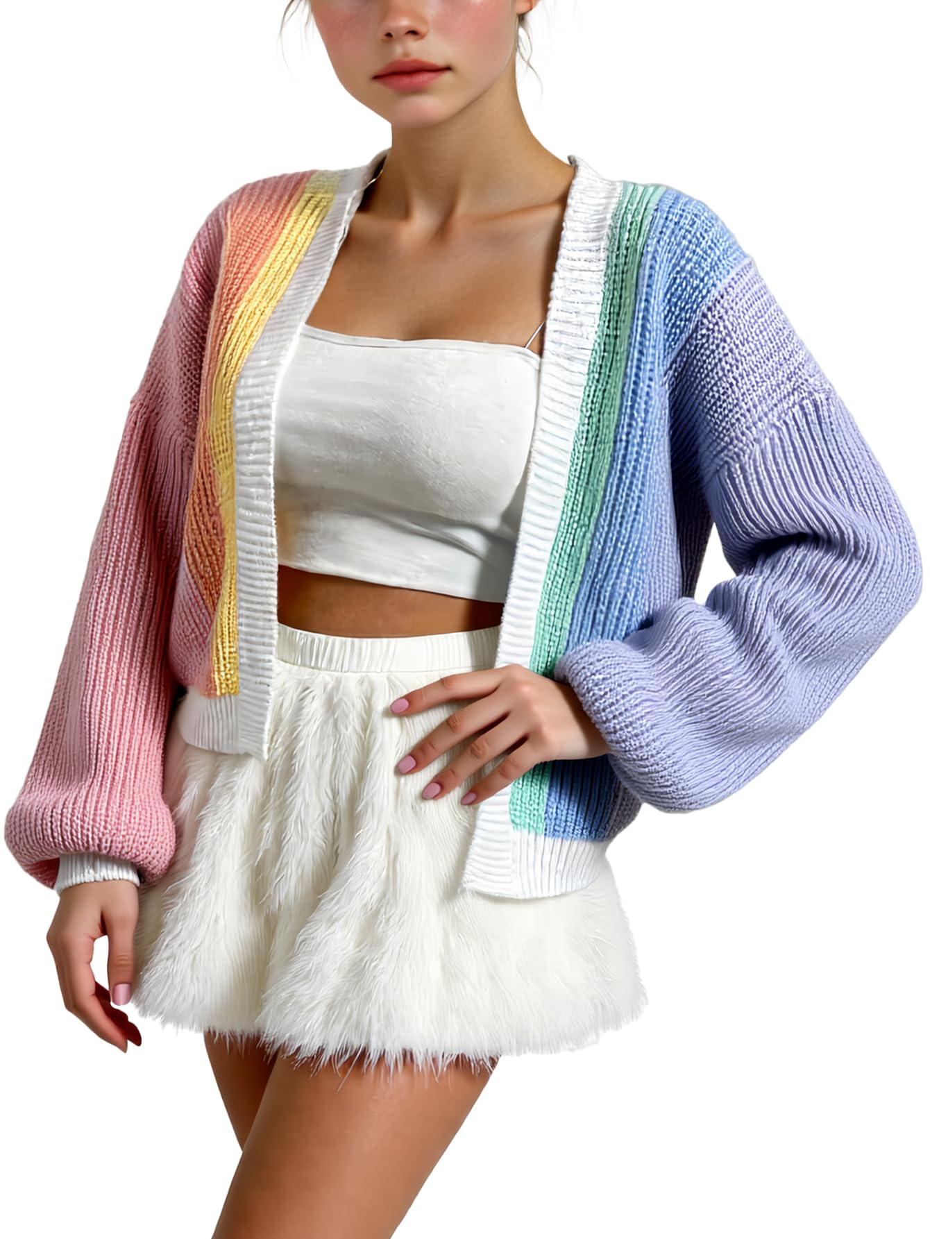 Womens Color Block Open Front Rainbow Light Cardigan Long Sleeve Chunky Knit Sweater Loose Cropped Tops
