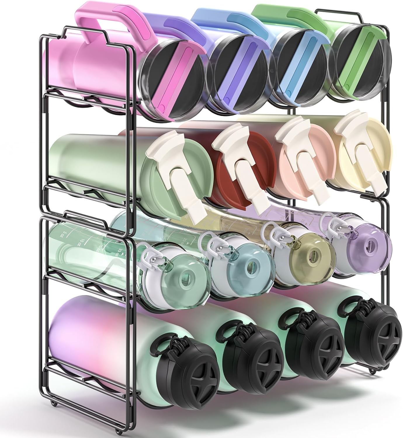 DTUQYX Water Bottle Organizer for Stanley 40 oz Tumbler, Stackable Metal 4 Tier Tumbler Organizer Storage Rack for Stanley Cup Accessories, 16 Cup Bottle Holder for Cabinet, Countertop, Pantry Shelf