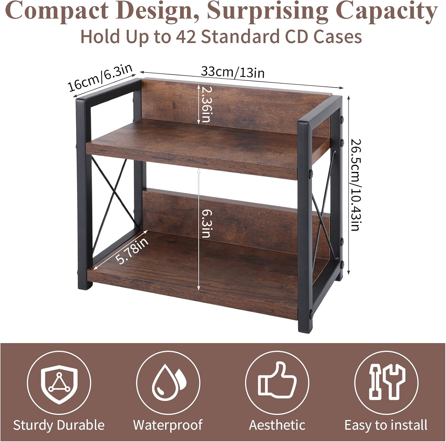 2-Tier CD Holder CD Storage Shelf for Display Countertop Wooden CD Rack with Display Top Shelf Organizer for Home Office Living Room Kitchen, Music Enthusiasts, Holds up to 42 Standard Cases