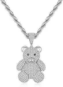 Silver Necklace for Men with Bear Pendant Stainless Steel Rope Chain Fashion Mens Necklaces Iced Out Pendant with Full CZ Trendy Gummy Bear Necklace for Gift