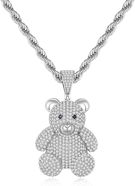 Silver Necklace for Men with Bear Pendant Stainless Steel Rope Chain Fashion Mens Necklaces Iced Out Pendant with Full CZ Trendy Gummy Bear Necklace for Gift