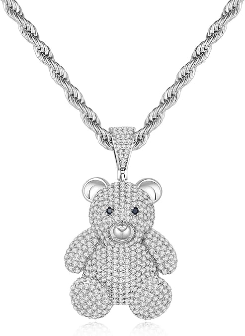 Silver Necklace for Men with Bear Pendant Stainless Steel Rope Chain Fashion Mens Necklaces Iced Out Pendant with Full CZ Trendy Gummy Bear Necklace for Gift