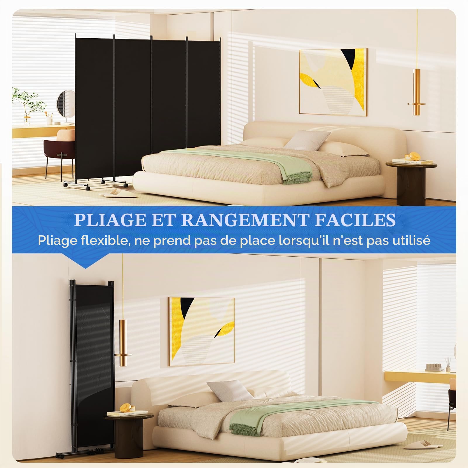 Paravent pliable à 4 panneaux avec roues verrouillables 183 cm | Cloison de séparation pour pièce - Séparateur de pièce - Séparateur mural autonome en tissu - Noir - 223,5 x 183 cm (l x H)