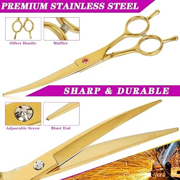 Dog Grooming Scissors Premium Stainless Steel Curved Hair Cutting Scissors for Dogs & Cats (Gold)