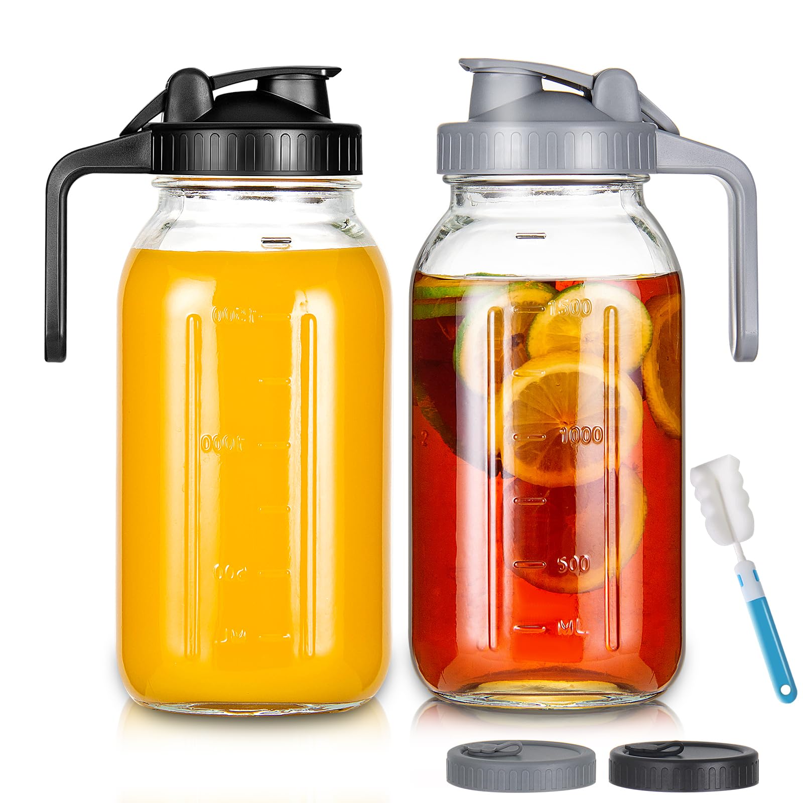 YEBODA64oz Glass Pitcher with Lid, 2 Quart Mason Jar Pitcher with Pour Spout Lids, Wide Mouth Jar Leakproof Glass Jug, Heavy Duty Container for Water, Juice, Milk, Tea, Iced Coffee, and Drinks 2 Pack